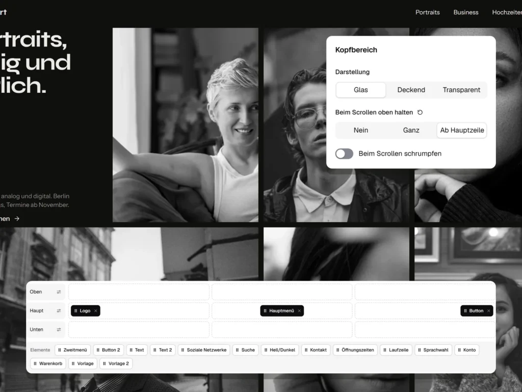 Website einer Fotografin, darüber die Zeilen und Einstellungen des Kopfbereichs.