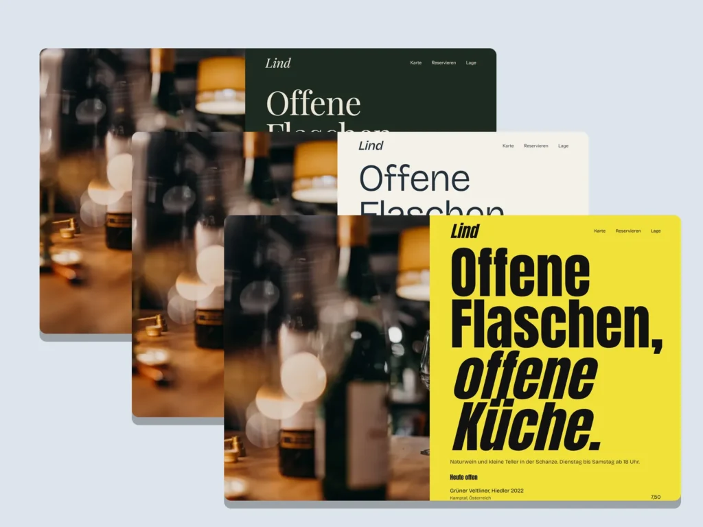 Dieselbe Seite einer Weinbar in drei Designs: dunkelgrün, hell und gelb.