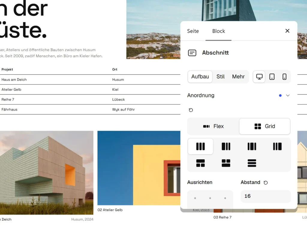Projekte eines Architekturbüros, daneben die Einstellungen des Rasters.