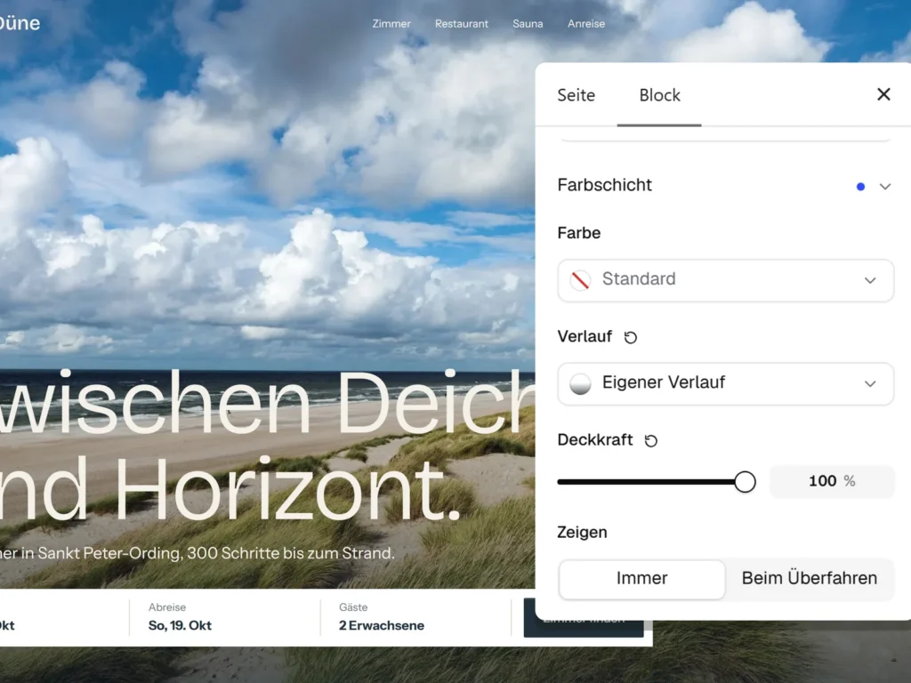 Hero eines Hotels an der Nordsee, daneben Farbschicht und Verlauf.