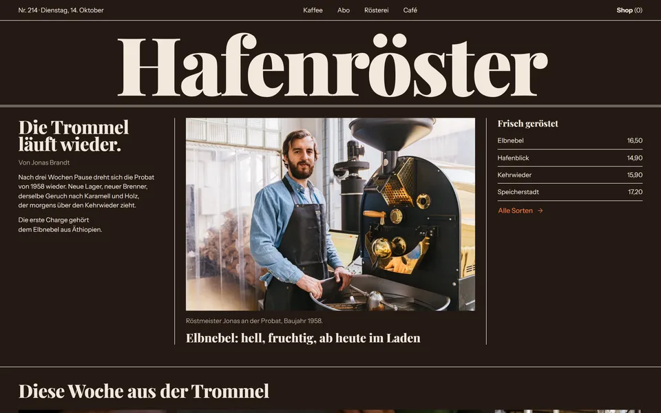 Website einer Kaffeerösterei, gebaut mit Stakz