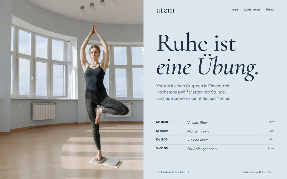 Website eines Yoga-Studios